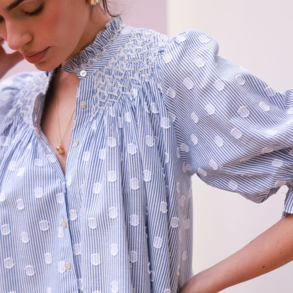 Scholl Blouse Bubble Weave Cotton with Double Cream Hand Smocking Edition 60 Scholl Blouse Bubble Weave Cotton with Double Cream Hand Smocking Edition 60