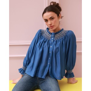 Cleopatra Blouse Cobalt Silk Cotton Sapphire with Vanilla Hand Smocking Edition 33 Cleopatra Blouse Cobalt Silk Cotton Sapphire with Vanilla Hand Smocking Edition 33
