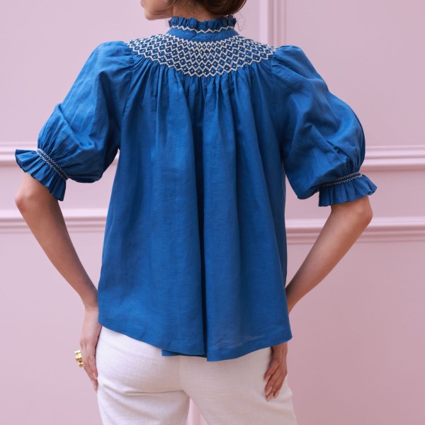 Scholl Blouse Cobalt Linen with Vanilla Hand Smocking Edition 54 Scholl Blouse Cobalt Linen with Vanilla Hand Smocking Edition 54