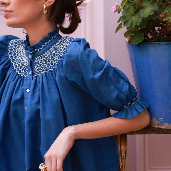 Scholl Blouse Cobalt Linen with Vanilla Hand Smocking Edition 54 Scholl Blouse Cobalt Linen with Vanilla Hand Smocking Edition 54