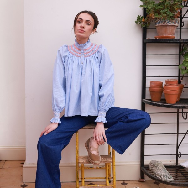 Scholl Blouse Oxford Stripe with Orange Blossom Hand Smocking Edition 62 Scholl Blouse Oxford Stripe with Orange Blossom Hand Smocking Edition 62