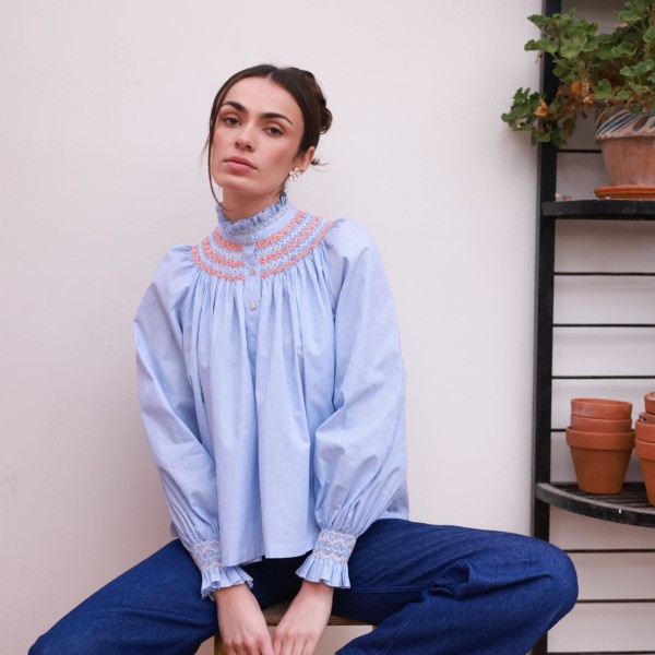 Scholl Blouse Oxford Stripe with Orange Blossom Hand Smocking Edition 62 Scholl Blouse Oxford Stripe with Orange Blossom Hand Smocking Edition 62