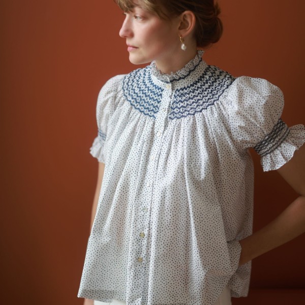 Scholl Blouse Paint Prick Linen with Navy Hand Smocking Edition 57 Scholl Blouse Paint Prick Linen with Navy Hand Smocking Edition 57
